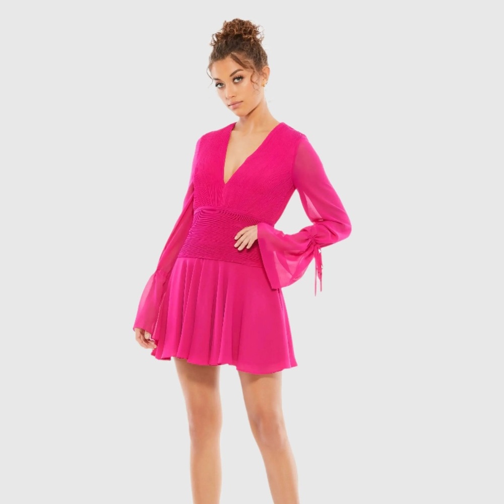 ✔️#39 BNWT MAC DUGGAL Pink Pleated Bell Sleeve Chiffon Mini Dress